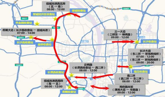 5月1日(假期第一天) :7时岳麓大道、长沙大道、云栖路、南二环、 雷锋大道出城车流最先上升 ;9时其他出城干道车流逐步上升 ;12时除岳麓大道以外其他出城通道基本恢复正常 ;14时岳麓大道基本恢复正常。