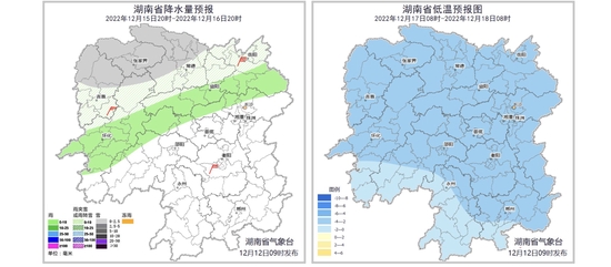 湖南12月15日20时至12月16日20时降水及大风预报和过程最低气温预报。