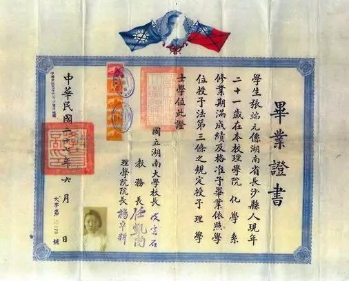 (中共湖大党支部委员张端元的毕业证)