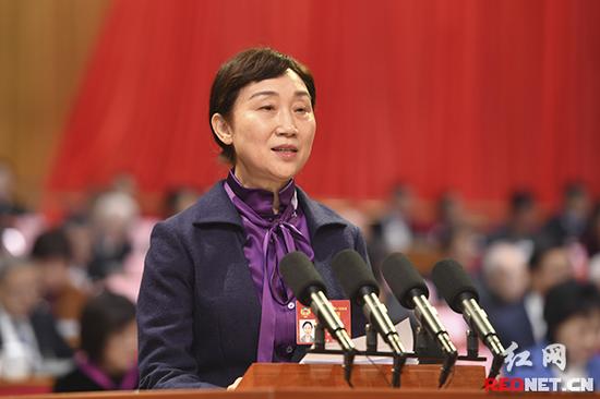 李微微代表政协湖南省第十一届委员会常务委员会作工作报告。