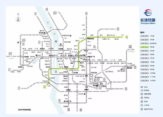 (长沙地铁3号线线路图。)