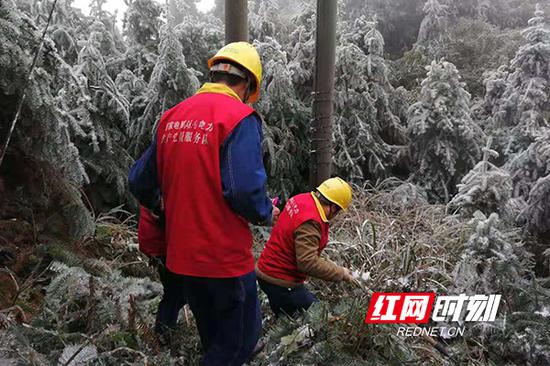 塔山瑶族乡党委政府工作人员与洋泉电力所红雁塔山服务站队员们协调配合应对雨雪天气。