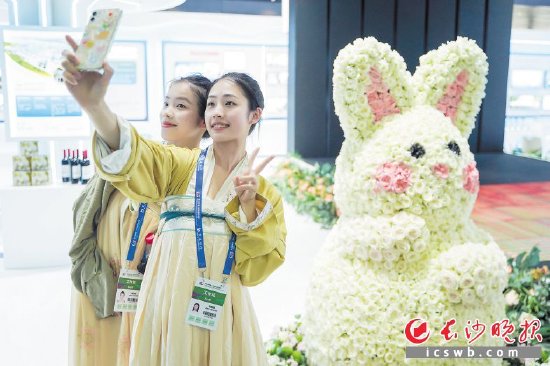 展馆中心位置一只可爱的鲜花白兔一米多高，由数百朵肯尼亚玫瑰组装而成，引得大家来“打卡”。