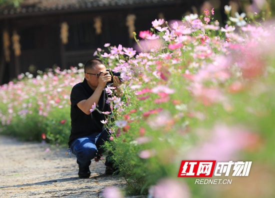 9月7日,在张家界市武陵源区黄龙洞景区生态广场,一名摄影爱好者在拍摄。