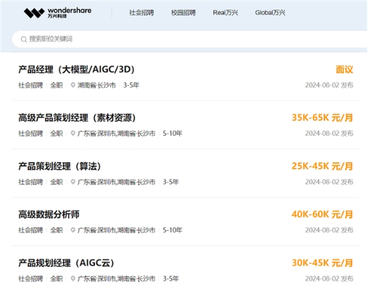 万兴科技官网近期发布的岗位信息
