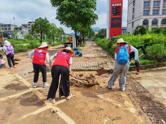 太平人寿志愿者们正在清理路面淤泥