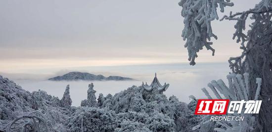 远方，浩瀚的云海波涛汹涌，白色的浪花拍打着青翠的山峰，像是裂岸的惊涛。
