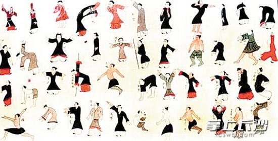 马王堆帛画《导引图》。44个不同姿态的男女，模仿动物进行肢体运动、呼吸运动和器械运动。均为资料图片