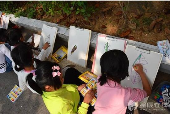 在教室外写生的孩子们，认真地画着秋叶。