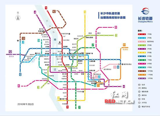 长沙市轨道交通远期路线规划示意图。