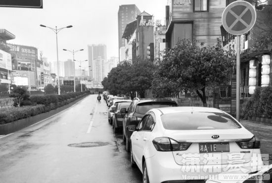 人民西路与黄兴广场交会处,路边立有禁停标志,但依旧有车辆停放。