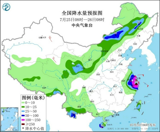 全国降水量预报图（7月25日08时-26日08时）。