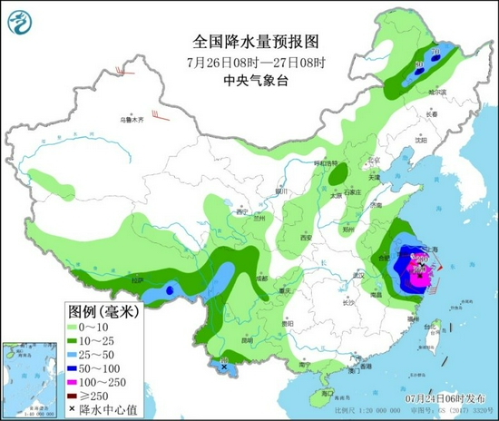 全国降水量预报图（7月26日08时-27日08时）。