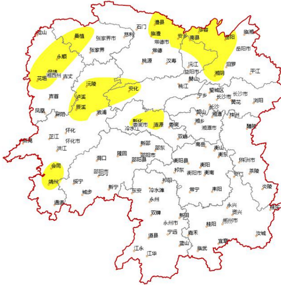 ★ 湖南省气象台11月26日16时发布大雾黄色预警：预计27日早晨岳阳西部、常德东北部、张家界西部、益阳、怀化北部、娄底西部、湘西州北部将出现能见度≤500米的雾，且有成片≤200米的雾，部分地区将出现强浓雾，能见度低，将对交通运输造成较大的影响。