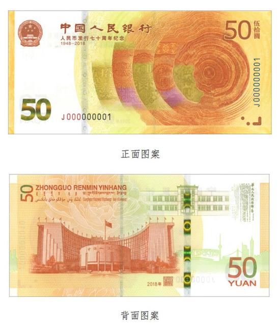 人民币发行70周年纪念钞。图片来自人民银行官网。
