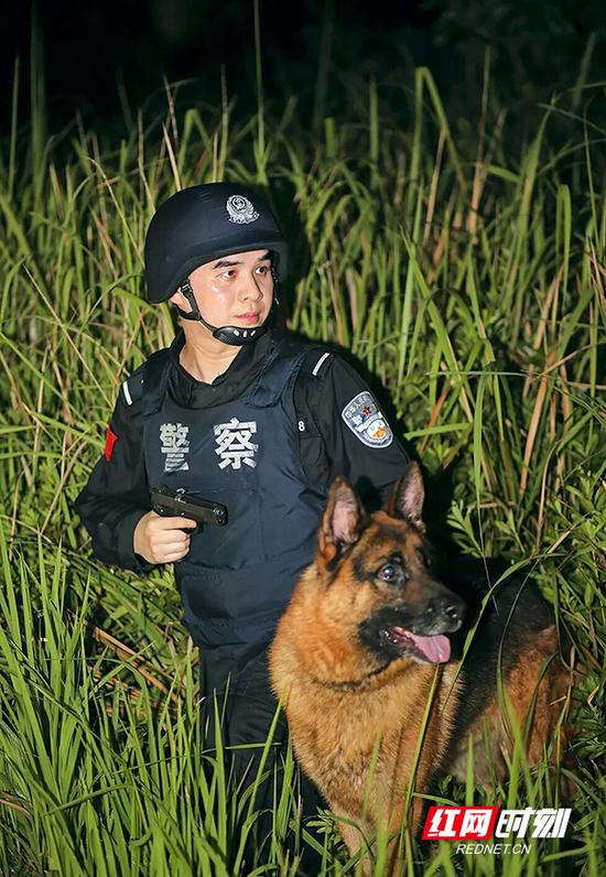 执行任务时，李江带着警犬冲锋在前，毫不畏惧。