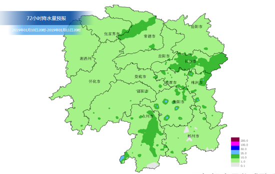 72小时降水量预报分布图。来源：湖南气象局