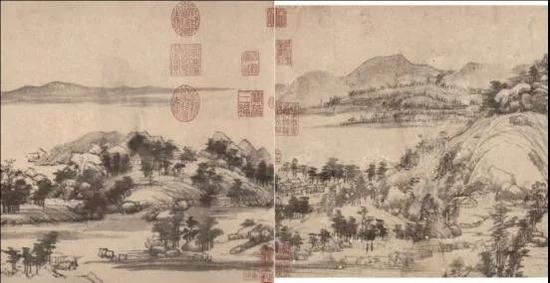 复制品《富春山居图·剩山图》和《富春山居图·无用师卷》叠在一起合成一卷的局部图,原画有《富春山居图·无用师卷》右半部分在装裱时加上题词,两卷无法合一