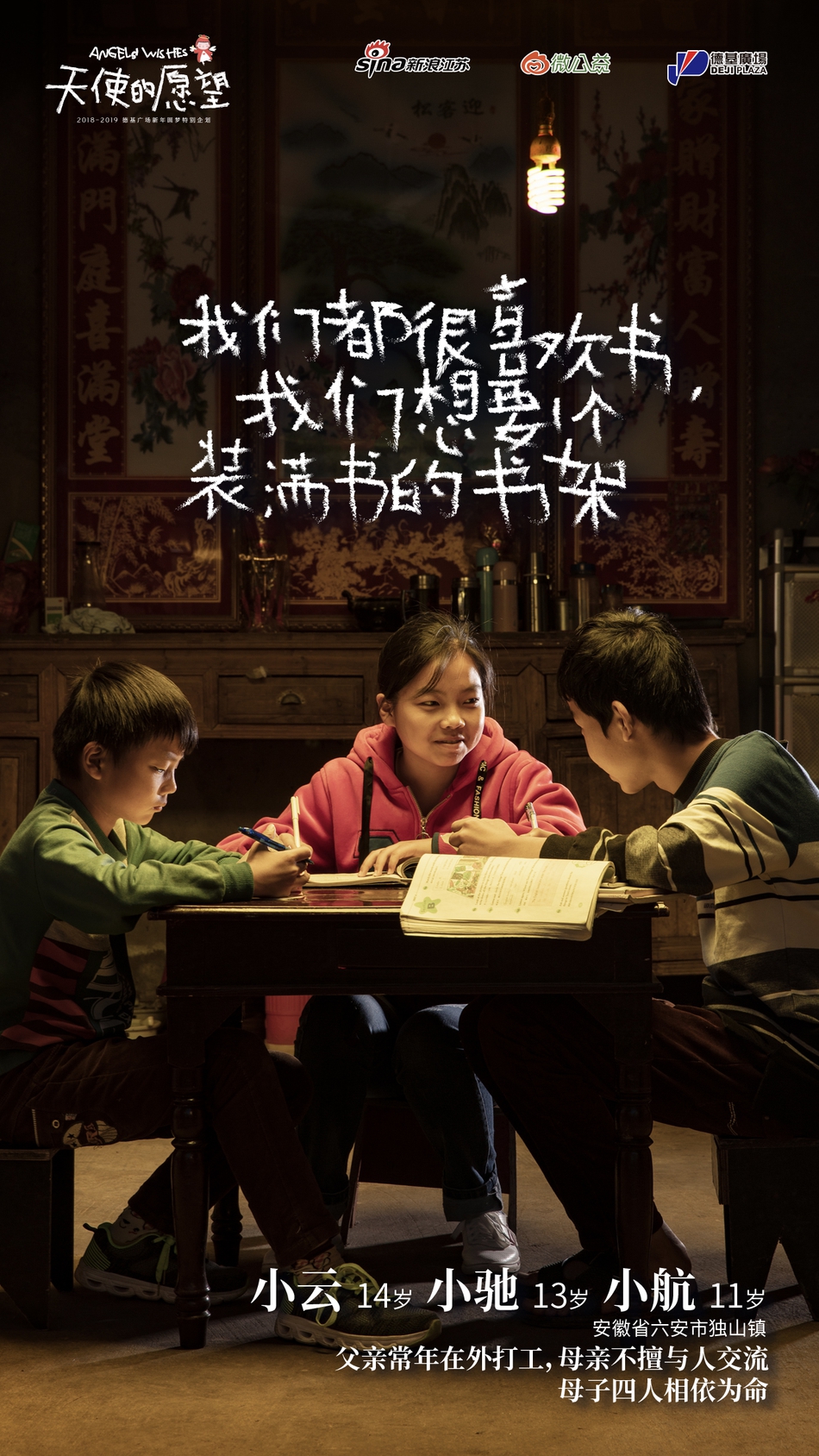 “我想有个新书包”“我想去次游乐园”“我想过生日能吃一次大蛋糕”……这些我们习以为常的小事，在一些家境贫寒的孤儿、事实孤儿、留守儿童等困境儿童的眼中，却是很难实现的愿望。
2018年10月，新浪江苏、微公益、德基广场共同发起“天使的愿望”主题圆梦公益项目。江苏、安徽、河南……我们这一次跨越2864.3里的距离，走近孤儿、事实孤儿、留守儿童等困境儿童群体。接下来三个月我们还将寻访陕西、甘肃等更多地区，总计将完成2000个愿望的全部收集与实现规划。
我们邀请你一起，以温暖呵护纯真，用关怀助力成长，帮助我们一起帮助实现这些愿望，点亮孩子们的梦想。
现在，我们把这一路上的故事说给你听，希望你也能被感动，并且加入到我们的队伍中来。