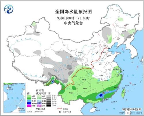 图4 全国降水量预报图(3月6日08时-7日08时)