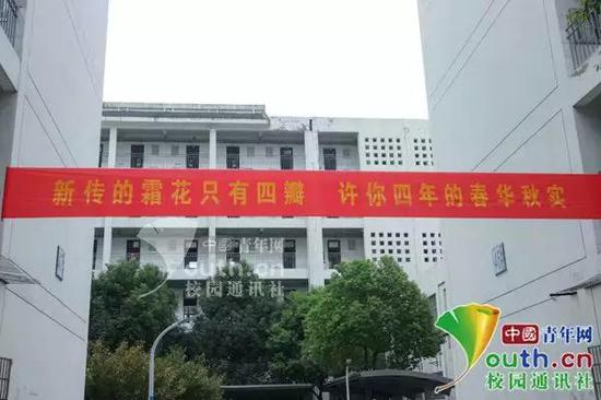 图为化用“香蜜”的横幅,挂在新生宿舍楼之间。中国青年网通讯员 王嘉慧 摄