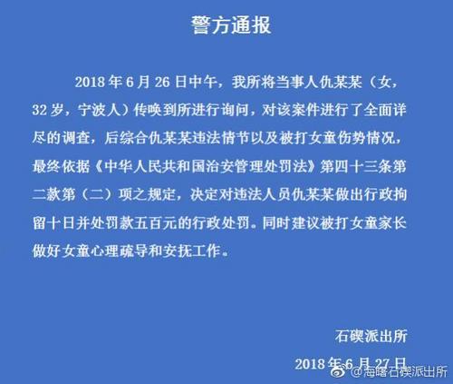 警方通报家长掌掴对方小孩事件：打人者已被行拘