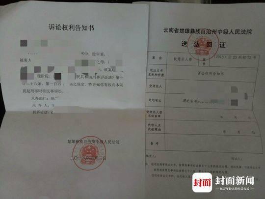 楚雄州法院邮寄给王成国的诉讼权利告知书