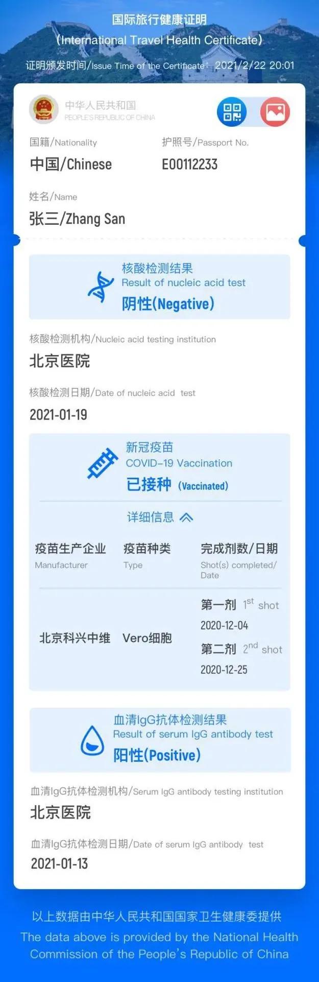 (中国版“国际旅行健康证明”电子版样例) <注:疫苗接种相关数据正在建设中>