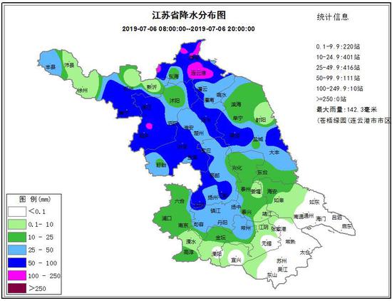 2019年7月6日08时-20时江苏省降水分布图