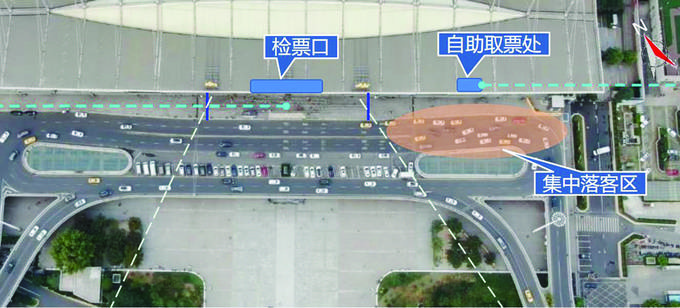 航拍图显示,车辆主要在平台东侧落客,易引发拥堵