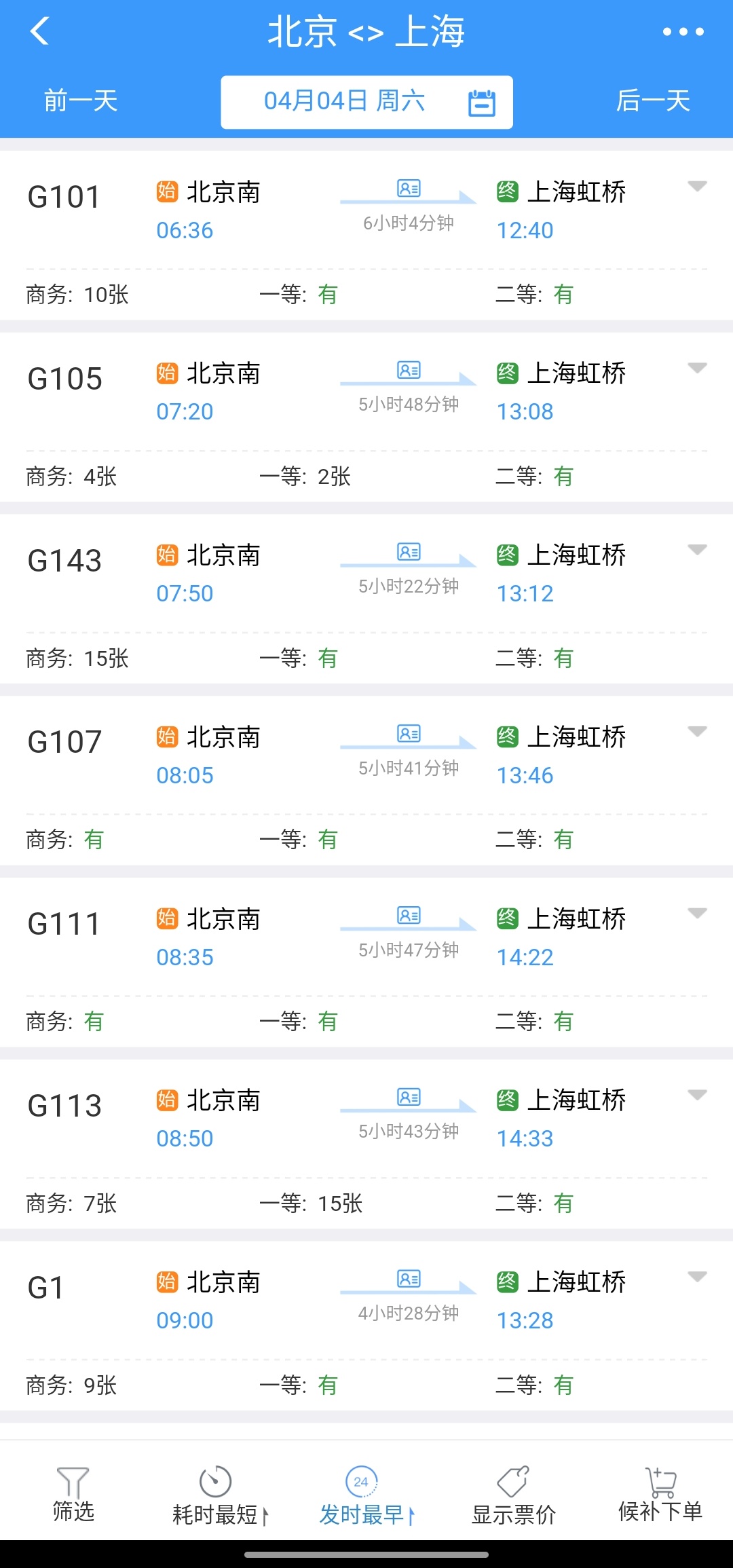 　4月4日北京开往上海部分火车余票情况。来源：铁路12306 APP
