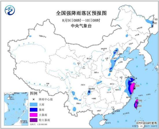 图2 全国强降雨落区预报图(8月9日08时-10日08时)