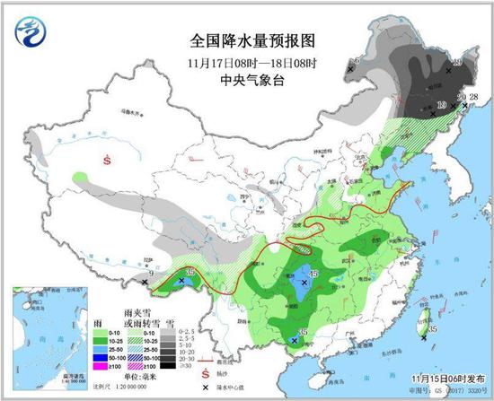 图5 全国降水量预报图(11月17日08时-18日08时)