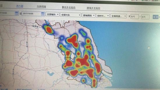 △ 返程车流通行热力图 江苏交警供图