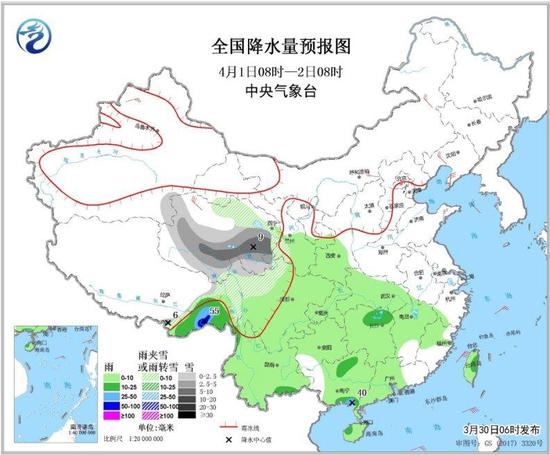 图6 全国降水量预报图（4月1日08时-2日08时）