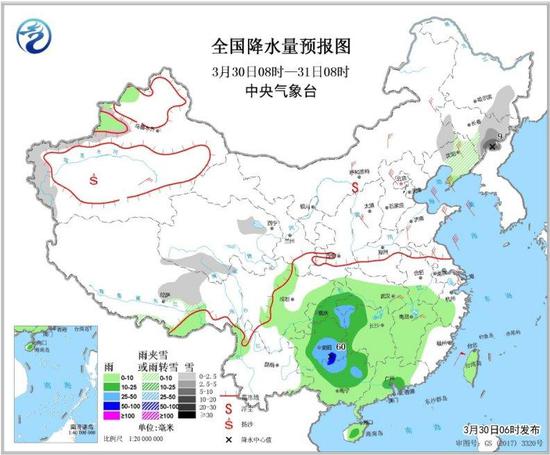 图4 全国降水量预报图(3月30日08时-31日08时)
