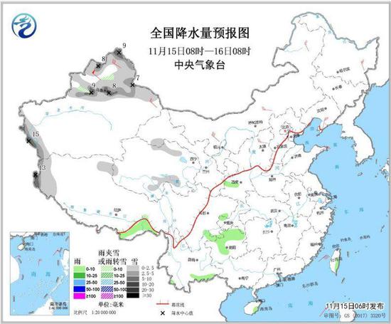 图3 全国降水量预报图(11月15日08时-16日08时)