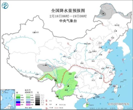 图1 全国降水量预报图（2月18日08时-19日08时）