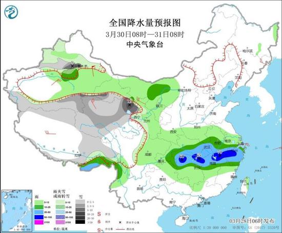  全国降水量预报图（3月30日08时-31日08时）