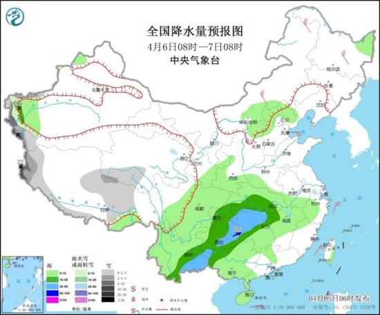 全国降水量预报图（4月6日08时-7日08时）