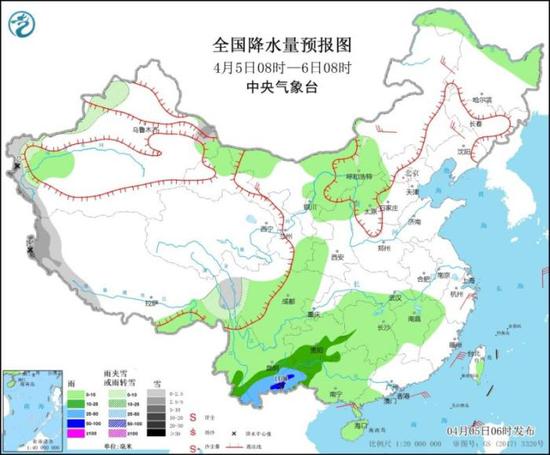 全国降水量预报图（4月5日08时-6日08时）