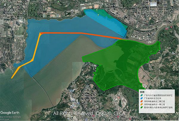 　项目和周边环境敏感区域关系图。 来源： CECA填海和生态数据库