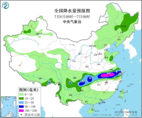 图3 全国降水量预报图(7月6日08时-7日08时)