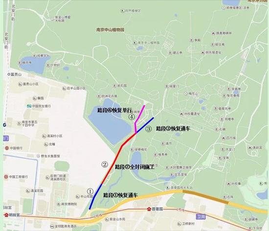 注:红色为围挡施工段,蓝色为正常通车段。