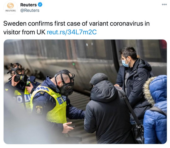 瑞典首次发现一名来自英国的旅行者感染变异新冠病毒。