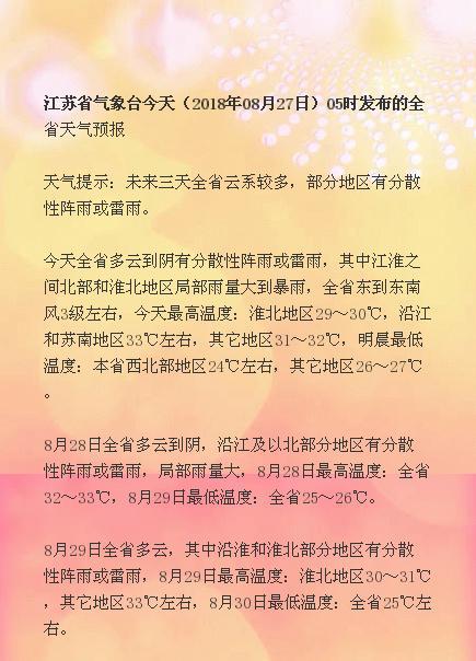 未来三天江苏云系较多 部分地区有阵雨或雷雨