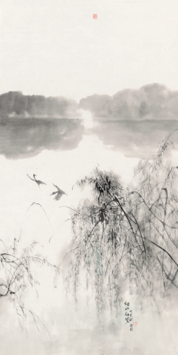 陈国欢 烟雨仙鹭 66cm×131cm