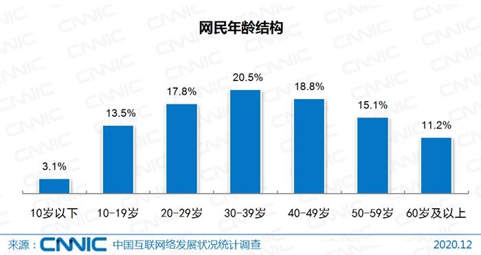 截至2020年12月，我国网民年龄结构。图片来源：CNNIC