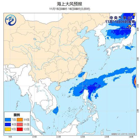 图2 海上大风预报图(11月15日08时-16日08时)
