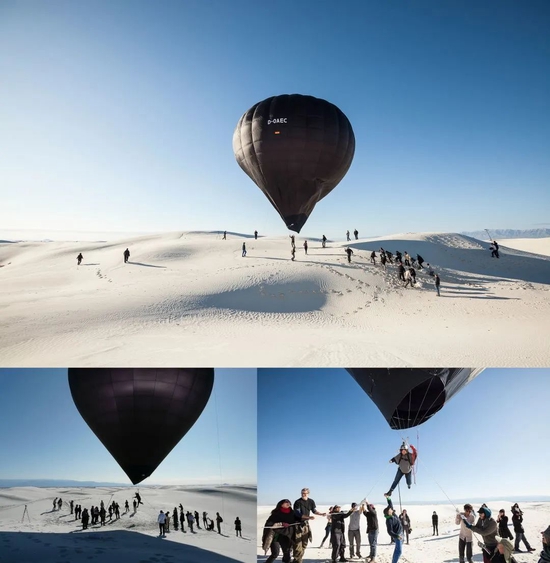 《飞行世》Aerocene, launches at White Sands(静帧),图片由艺术家托马斯·萨拉切诺和飞行世基金会提供,飞行世 D-OAEC雕塑由克里斯蒂安·贾斯汀·林德赞助,影像由弗雷德里克·雅各布和安东尼·兰登制作